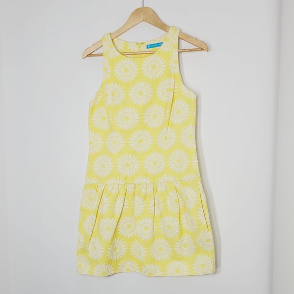 Tori Richard Yellow White Floral Fit & Flare Mini Dress Pocket Cotton Blend Sz 4 - Picture 1 of 13